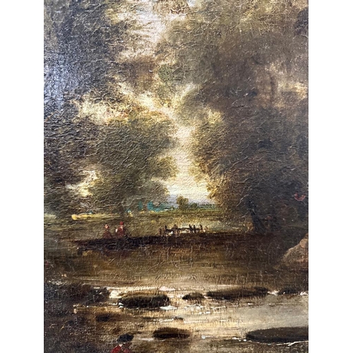 299 - An oil on canvas of a riverside scene, possibly 19th century, unsigned in an ornate frame (59cm x 49... 