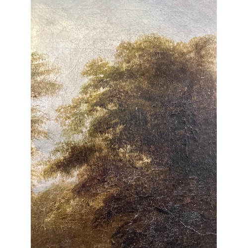 299 - An oil on canvas of a riverside scene, possibly 19th century, unsigned in an ornate frame (59cm x 49... 