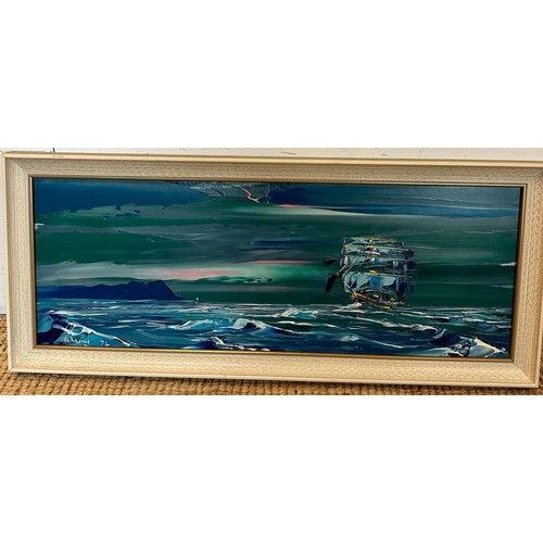 326 - Two oil on boards of ships at sea signed Deakin, 1981 and 1972