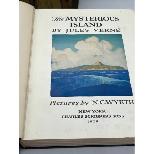 336 - A collection of Children books to include Treasure Island, The Mysterious Island, Robinson Crusoe et... 