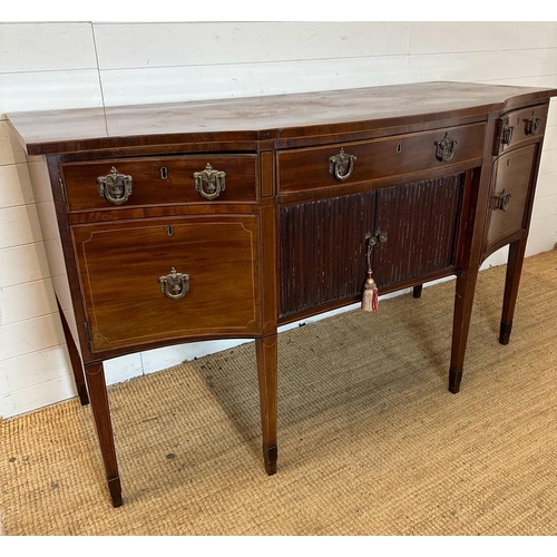 35 - A Georgian mahogany sideboard with string inlay and roll shutter cupboards (H100cm W168cm D71cm)