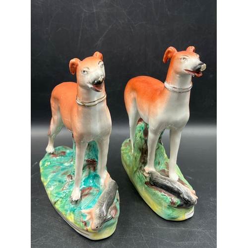 365 - A pair of 19th Century Staffordshire hunting dogs (H18cm)