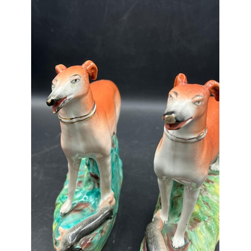 365 - A pair of 19th Century Staffordshire hunting dogs (H18cm)