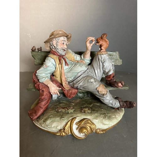 366 - A selection of four Capodimonte figures to include Gentleman on benches, a man with a basket and a l... 