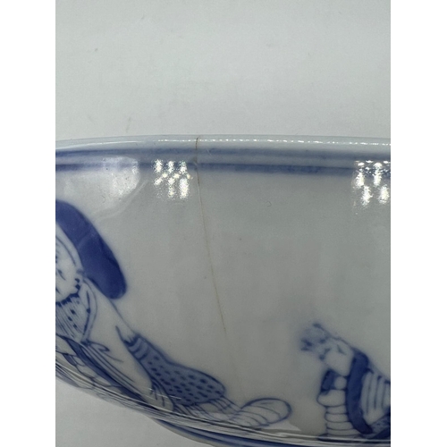 377 - Blue and white shallow bowl with immortals on exterior (H6cm Dia22cm)