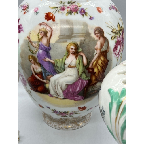 392 - A lidded figural urn by Von Schierholtz and a pair of Meissen Baluster vases (H21cm)