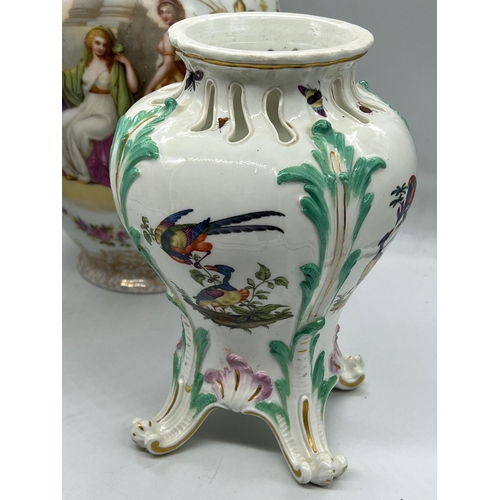 392 - A lidded figural urn by Von Schierholtz and a pair of Meissen Baluster vases (H21cm)