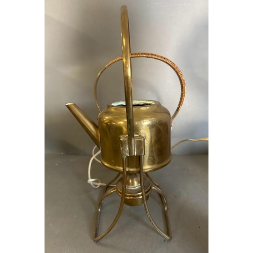 401 - Three brass items, a spirit kettle, converted oil lamp and a pan