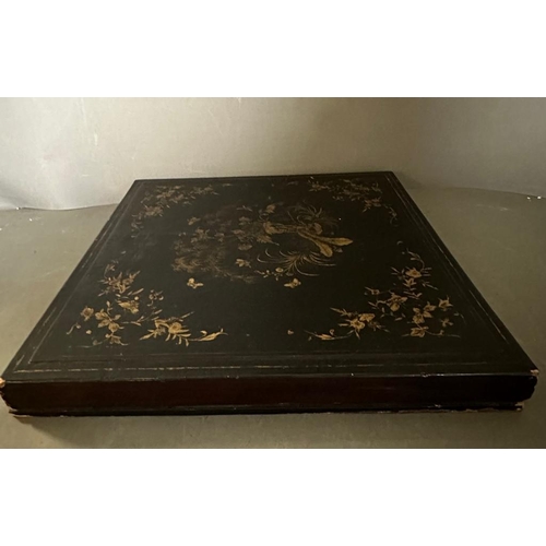 426 - A Chinese style wooden black box decorated in the Chinoiserie fashion 45cm x 46cm