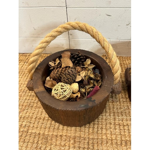 444 - Two shallow wooden buckets with rope handles