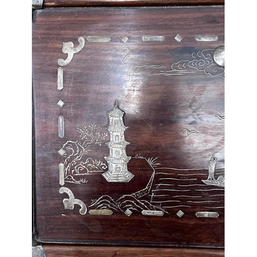 450 - A hardwood tray with metal work to corner with ocean scene to centre (29cm x 44cm)