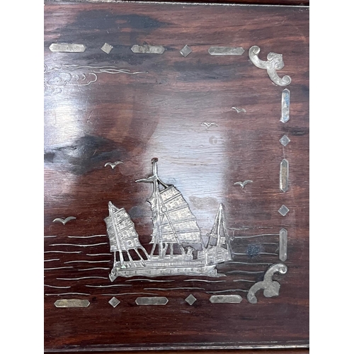 450 - A hardwood tray with metal work to corner with ocean scene to centre (29cm x 44cm)