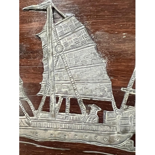 450 - A hardwood tray with metal work to corner with ocean scene to centre (29cm x 44cm)