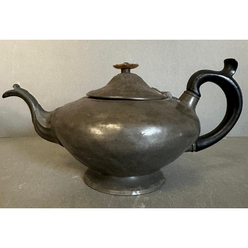 453 - A selection of mixed metal items, a serving dish, two candlesticks and a pewter tea pot