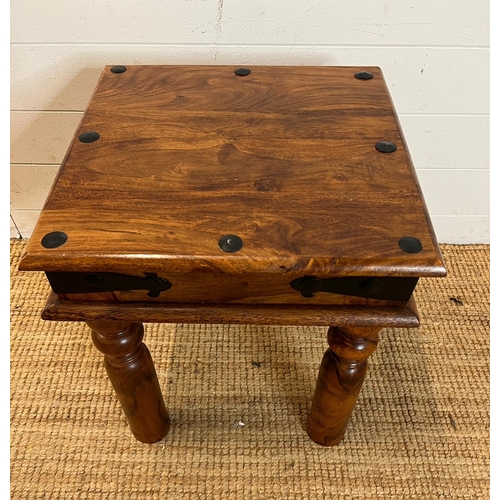 48 - A hardwood side table with metal work studs to top (H50cm Sq45cm)