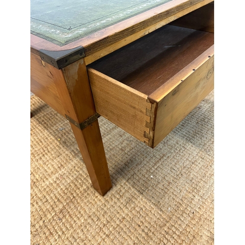 105 - A campaign style side table with green leather top and drawer (H48cm Sq60cm)