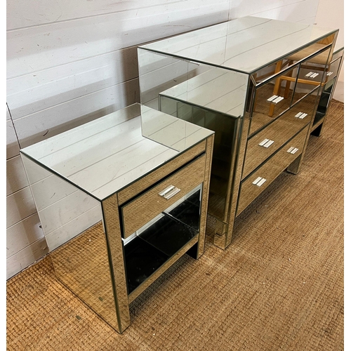 121 - A mirrored bedroom suite consisting of chest of drawers and a pair of bedsides (H75cm W80cm D46cm C.... 