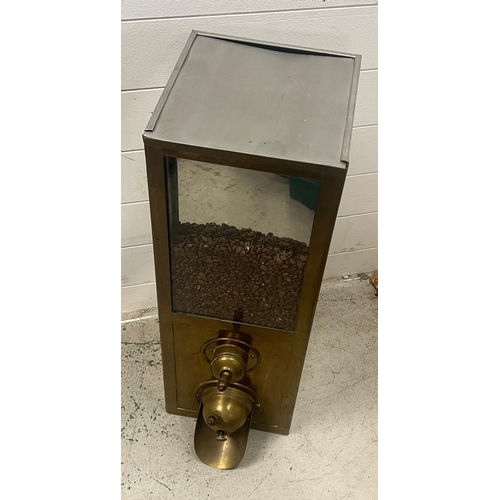 169 - A brass coffee dispenser/silo with coffee slide to front (H73cm SQ27cm)