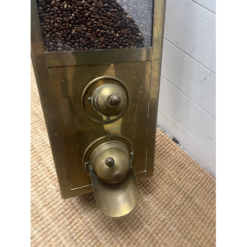 169 - A brass coffee dispenser/silo with coffee slide to front (H73cm SQ27cm)