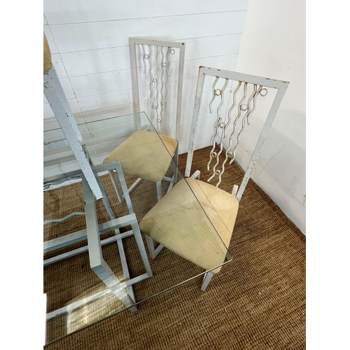 170 - A large glass and metal framed table with six high back chairs (H74cm W180cm D90cm)