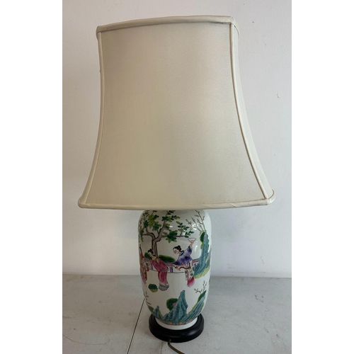 184 - A Japanese ceramic vase table lamp decorated with Geisha girls and cherry blossom trees