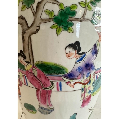 184 - A Japanese ceramic vase table lamp decorated with Geisha girls and cherry blossom trees