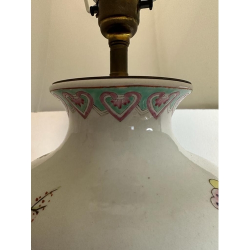 184 - A Japanese ceramic vase table lamp decorated with Geisha girls and cherry blossom trees