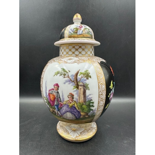 279 - Two German Helena Wolfson urn vases, with green pastoral and floral scenes and gilded accounts