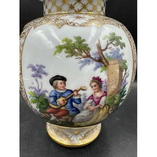 279 - Two German Helena Wolfson urn vases, with green pastoral and floral scenes and gilded accounts