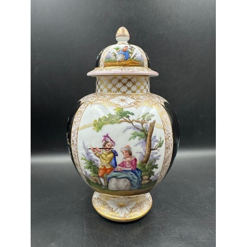 279 - Two German Helena Wolfson urn vases, with green pastoral and floral scenes and gilded accounts