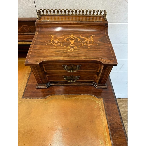 28 - Late Victorian writing table with super structure interior, one central long drawer flanked by two s... 