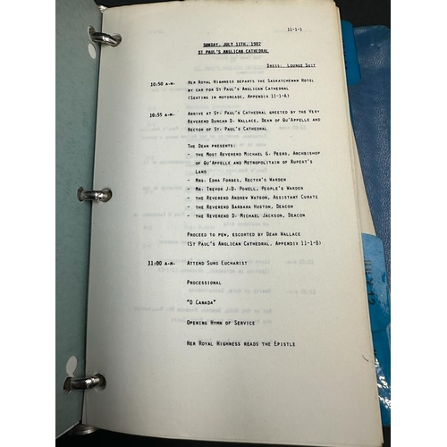 350 - A ring bound itinerary detailing the 1982 visit by princess Anne to Canada