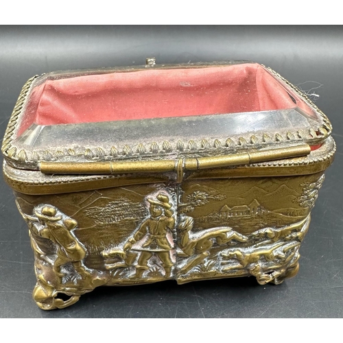 361 - An antique French, bevelled edge glass topped jewellery box with hunting scene decoration.