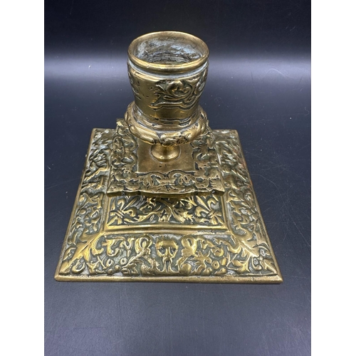 366 - Two pairs of ornate brass candlesticks