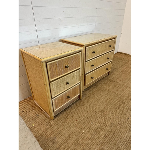 38 - A three drawer bamboo and cane chest of drawers and a matching smaller three drawer chest (H72cm W79... 