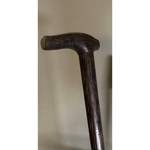 384 - A selection of two walking sticks and two brown leather shooting sticks in a wrought iron stick stan... 