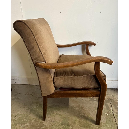 43 - A Mid Century open arm chair upholstered in brown