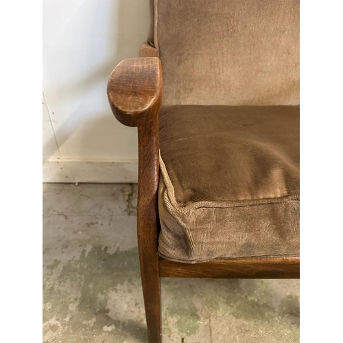 43 - A Mid Century open arm chair upholstered in brown