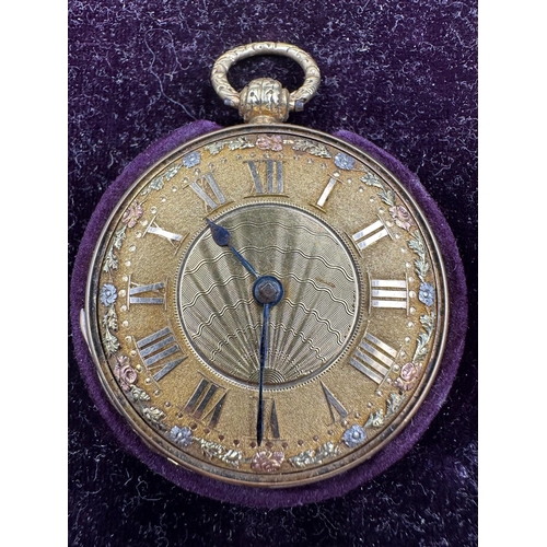 570 - An 18ct gold pocket watch AF decorated with three colour gold leave design and case marked with make... 