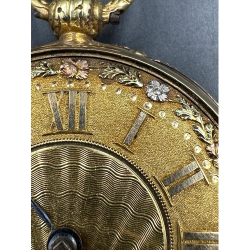 570 - An 18ct gold pocket watch AF decorated with three colour gold leave design and case marked with make... 