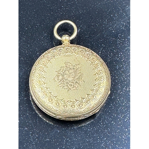 574 - An 18ct gold pocket watch with floral ornate decoration to face and case, approximate weight 49.6g