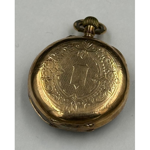 577 - An ornate 14ct gold case ladies pocket watch, approximate total weight 17.8g