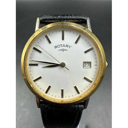 583 - A Rotary wristwatch on leather strap, gold plated, model reference number 4990 UCAR 364