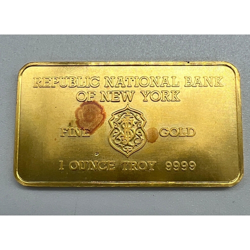 602 - A Republic National Bank of New York 1 Ounce Troy 999.9 gold bar. (Heraeus RNB 007667)