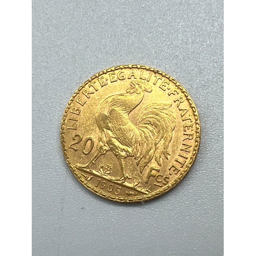 607 - A 1905 French 20 Francs gold coin.