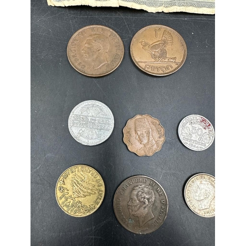 637 - A small selection of coins, and banknotes including three WWII French Allied Occupation currency.