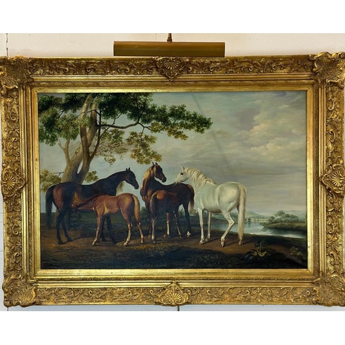 656 - A oil on canvas in the manner of George Stubbs, signed in red bottom left depicting mares with foals... 