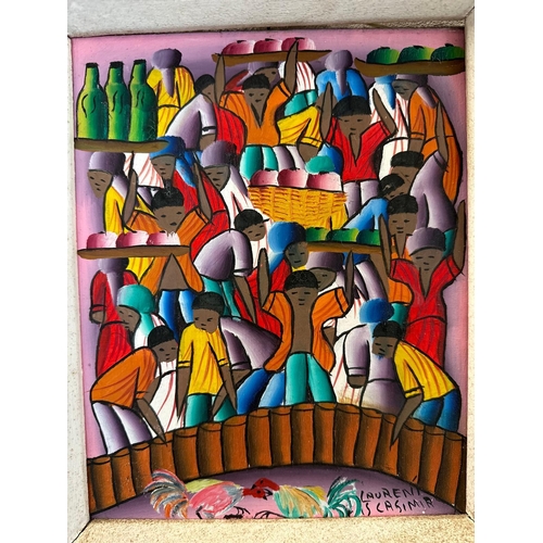 664 - An oil on canvas of a cockfight by Haitian artist Laurent Casimir signed lower right 25cm x 20cm