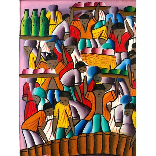 664 - An oil on canvas of a cockfight by Haitian artist Laurent Casimir signed lower right 25cm x 20cm