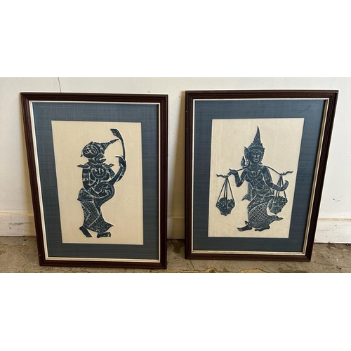 674 - Three framed Thai stone rubbings on rice paper